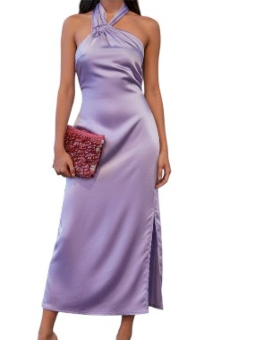Lulus Perfectly Sleek Light Purple Lavender Satin Halter Midi Dress Small New - Picture 3 of 8